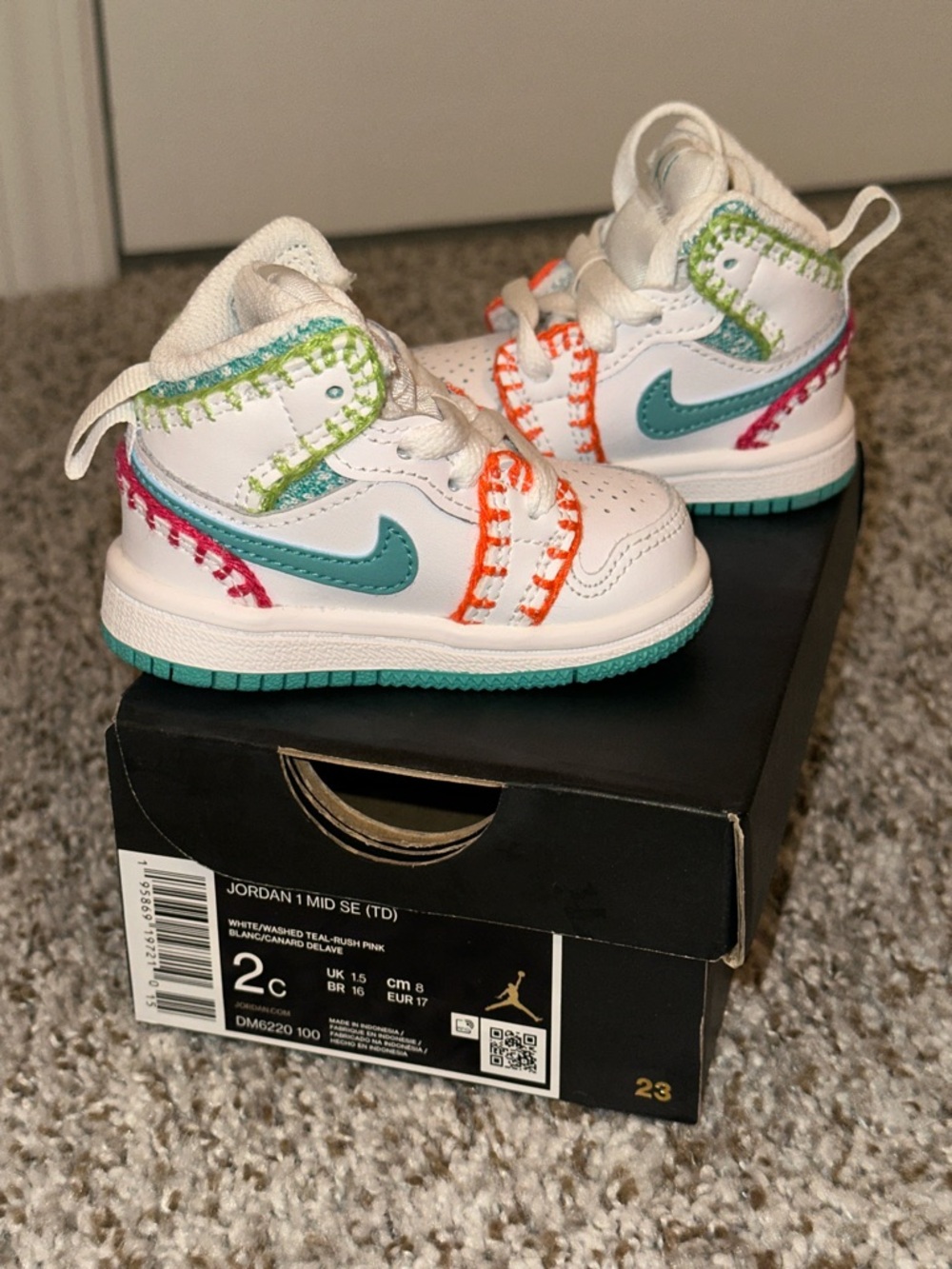 Nike Jordan 1 Mid SE Toddler White with Teal and Multi-Color Stitching
